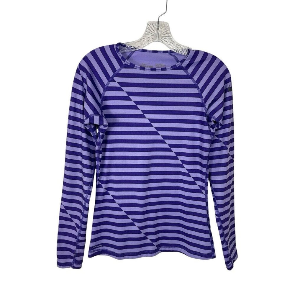 Nike Pro Fitted Women's S Activewear Top Purple Stripe‎ Inside Fleece Thumbholes